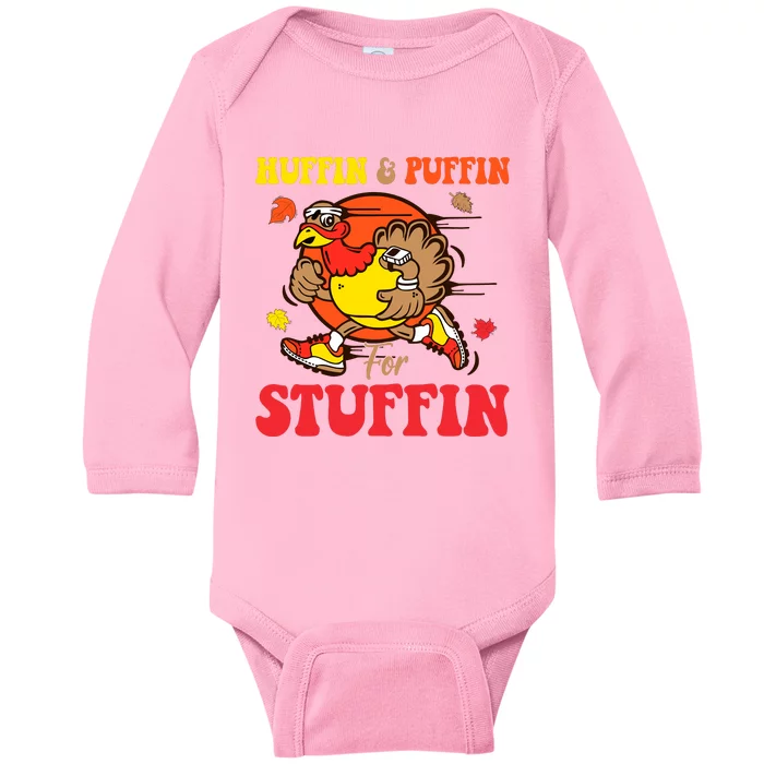 Huffin And Puffin Stuffin Thanksgiving Cute Turkey Run Trot Baby Long Sleeve Bodysuit