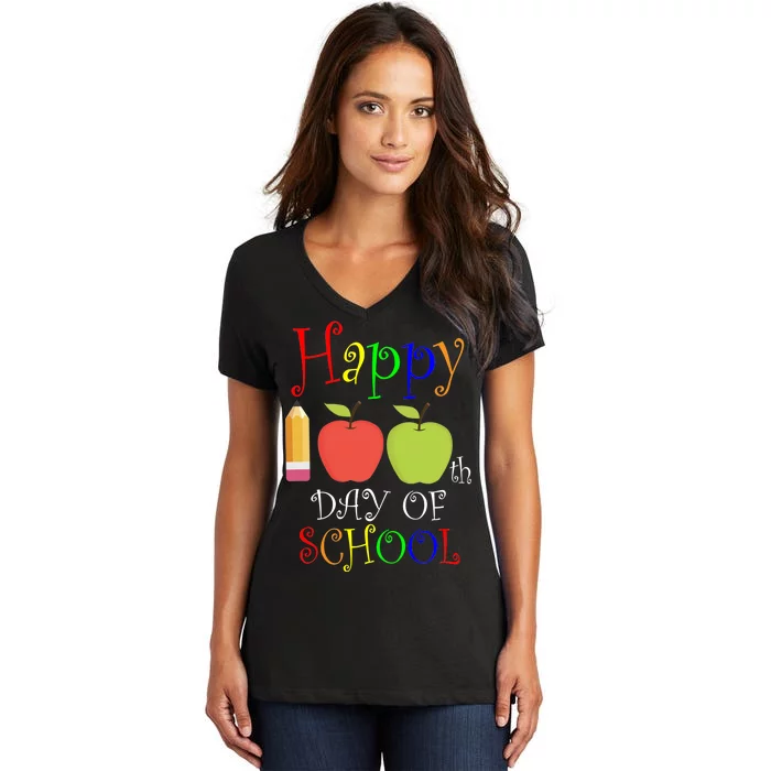 Happy 100th Day Of School Teachers Apple Women's V-Neck T-Shirt