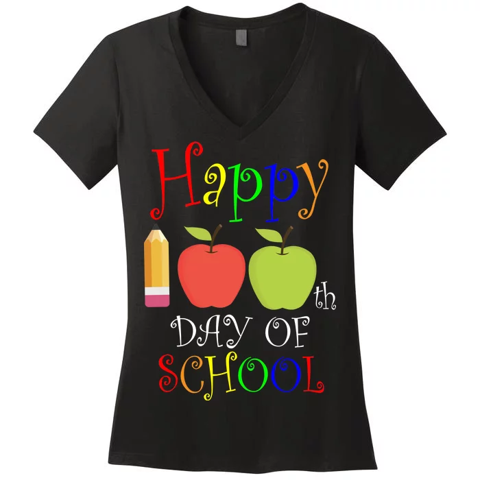 Happy 100th Day Of School Teachers Apple Women's V-Neck T-Shirt