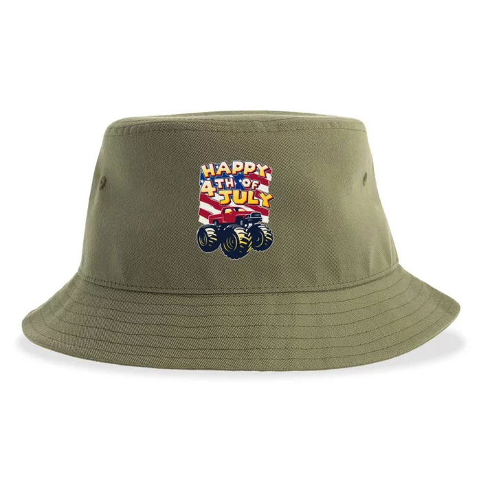 Happy 4th of July USA  America Flag Monster Truck Sustainable Bucket Hat