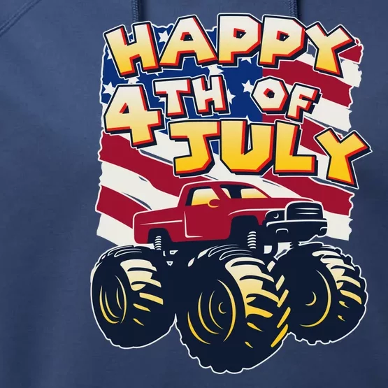 Happy 4th of July USA  America Flag Monster Truck Performance Fleece Hoodie