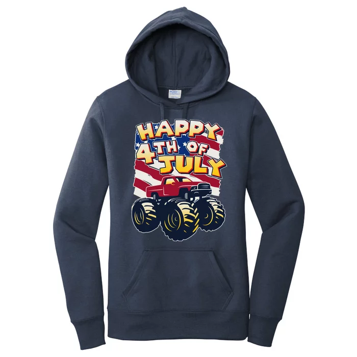 Happy 4th of July USA  America Flag Monster Truck Women's Pullover Hoodie