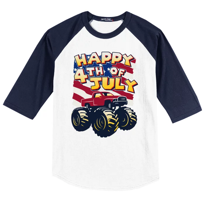 Happy 4th of July USA  America Flag Monster Truck Baseball Sleeve Shirt