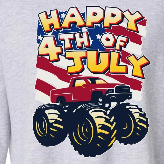 Happy 4th of July USA  America Flag Monster Truck Cropped Pullover Crew