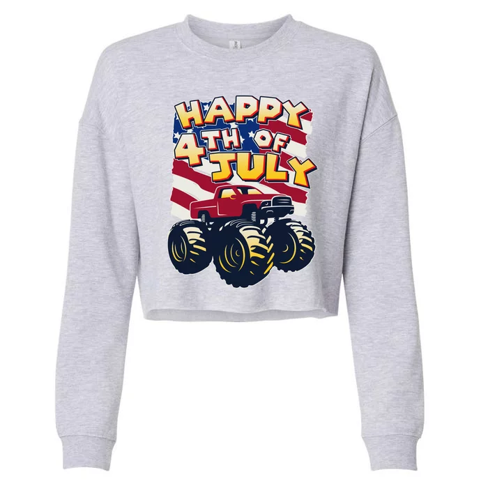 Happy 4th of July USA  America Flag Monster Truck Cropped Pullover Crew