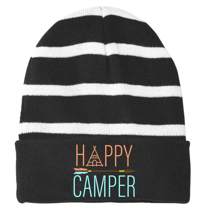 Happy Camper Funny Camping Striped Beanie with Solid Band