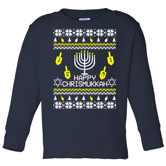 Happy Chrismukkah Hanukkah Ugly Christmas Toddler Long Sleeve Shirt