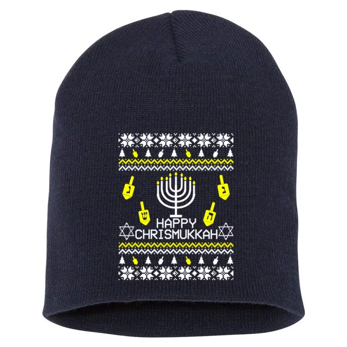 Happy Chrismukkah Hanukkah Ugly Christmas Short Acrylic Beanie