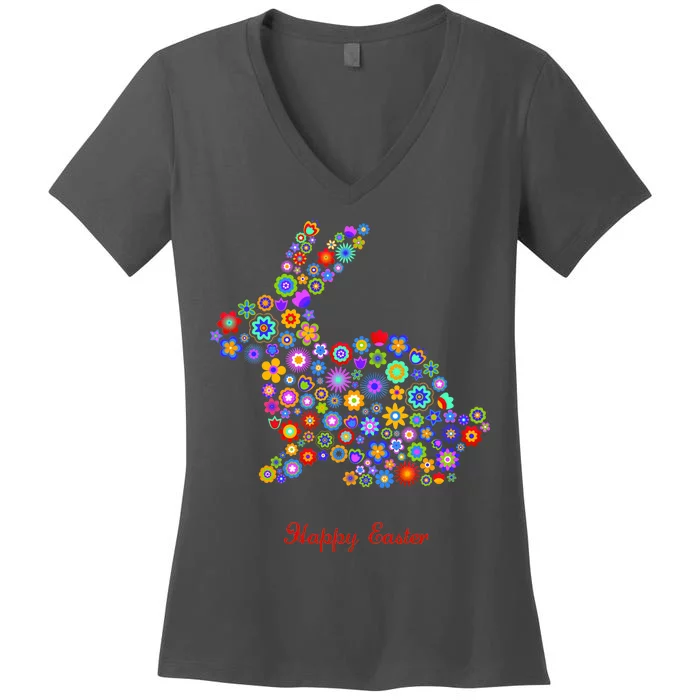 Happy Easter Bunny Rabbit Flowers Logo Women's V-Neck T-Shirt