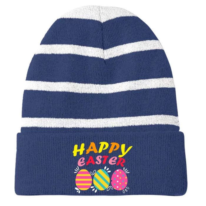 Happy Easter Eggs Striped Beanie with Solid Band