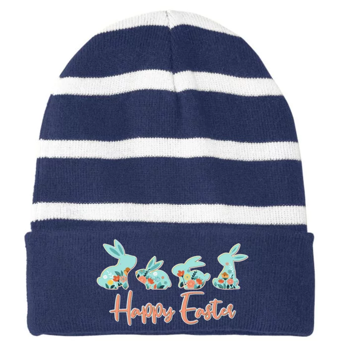 Happy Easter Flower Bunnies Striped Beanie with Solid Band