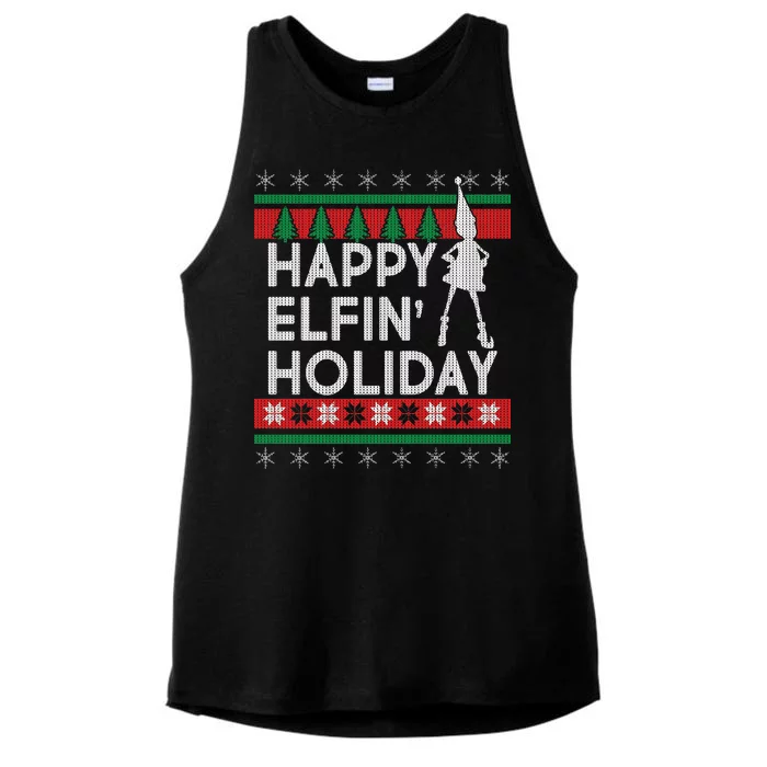 Happy Elfin' Holiday Ugly Christmas Ladies Tri-Blend Wicking Tank