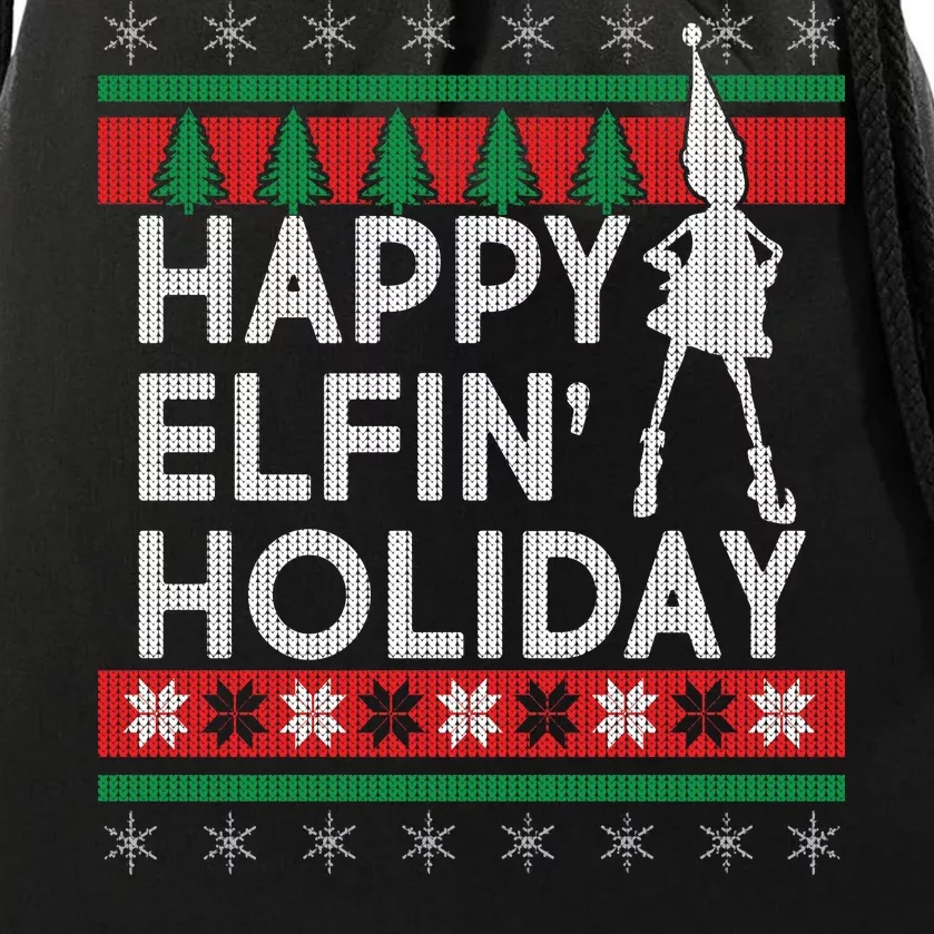 Happy Elfin' Holiday Ugly Christmas Drawstring Bag