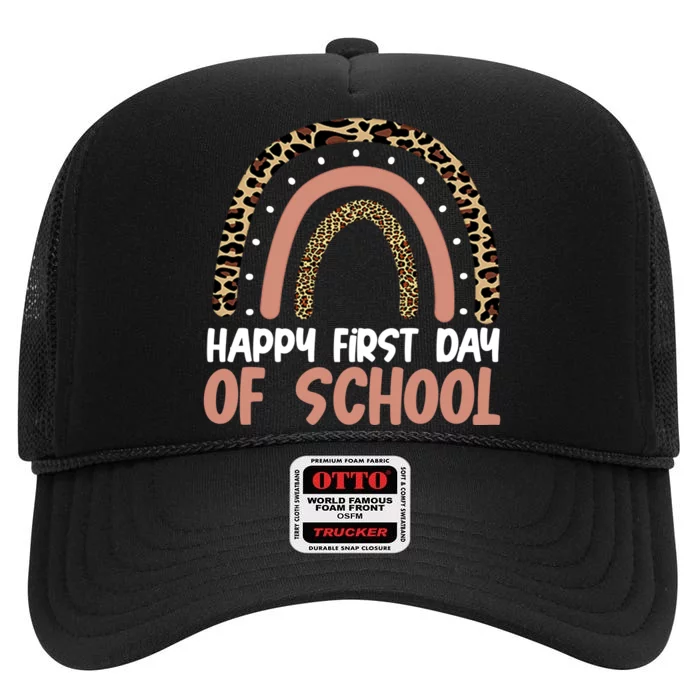 Happy First Day Of School Leopard Rainbow High Crown Mesh Trucker Hat