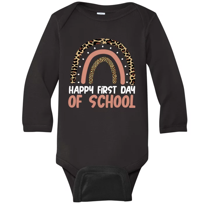 Happy First Day Of School Leopard Rainbow Baby Long Sleeve Bodysuit