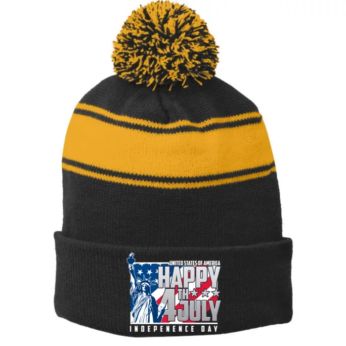 Happy Fourth of July Independence Day Statue of Liberty USA Flag Stripe Pom Pom Beanie