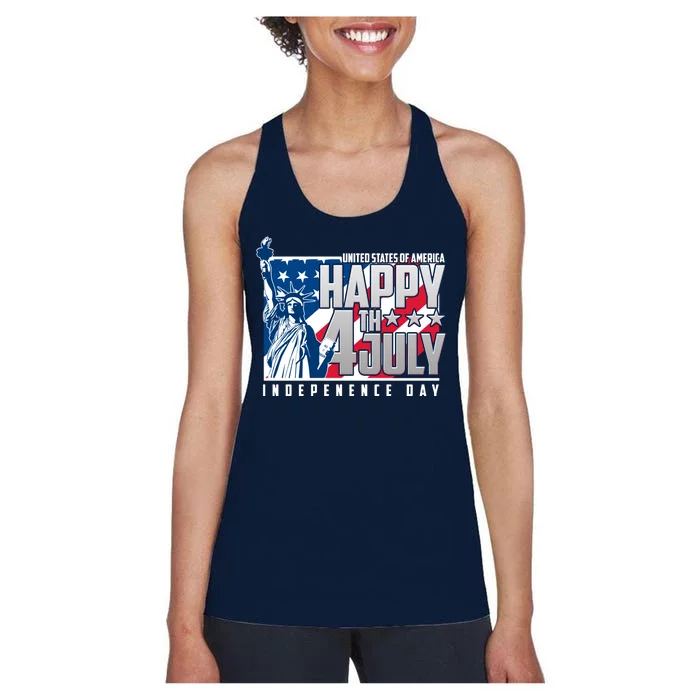 Happy Fourth of July Independence Day Statue of Liberty USA Flag Women's Racerback Tank