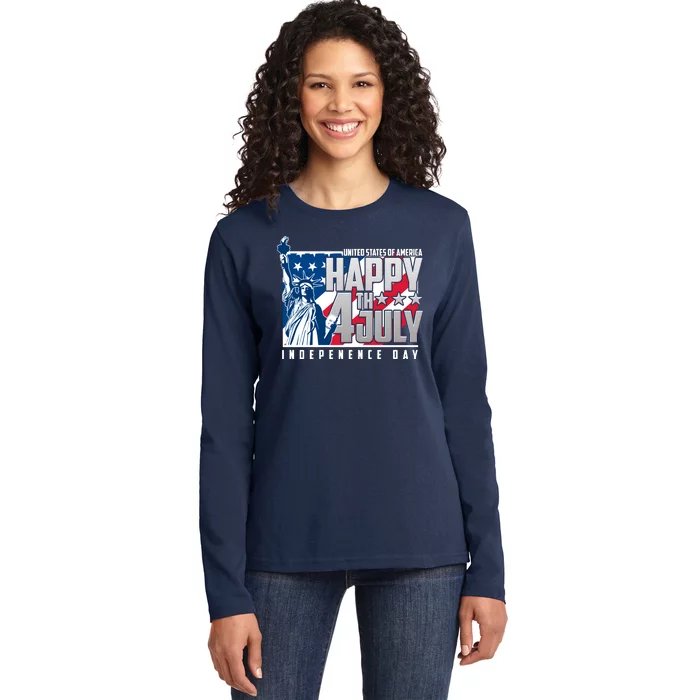 Happy Fourth of July Independence Day Statue of Liberty USA Flag Ladies Long Sleeve Shirt