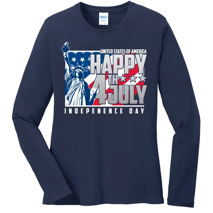 Happy Fourth of July Independence Day Statue of Liberty USA Flag Ladies Long Sleeve Shirt