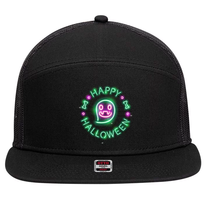 Happy Halloween Neon Sign 7 Panel Mesh Trucker Snapback Hat