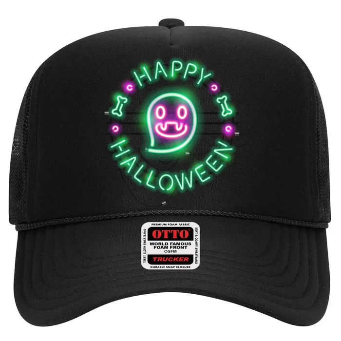 Happy Halloween Neon Sign High Crown Mesh Trucker Hat