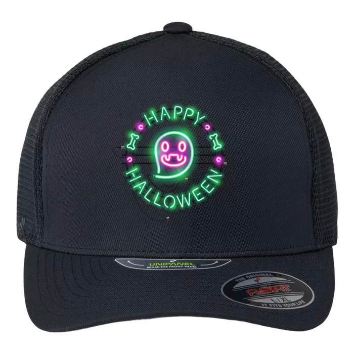 Happy Halloween Neon Sign Flexfit Unipanel Trucker Cap