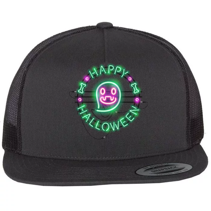 Happy Halloween Neon Sign Flat Bill Trucker Hat