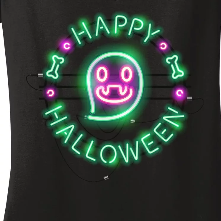 Happy Halloween Neon Sign Women's V-Neck T-Shirt