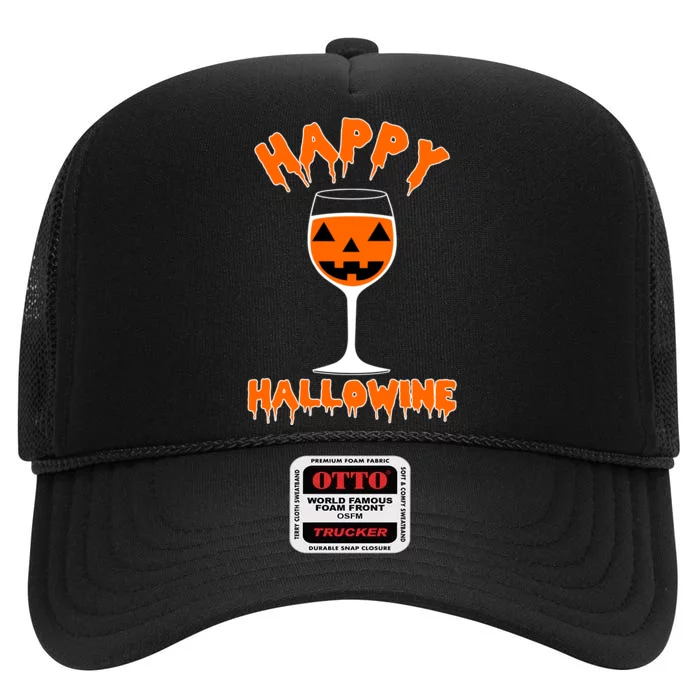 Happy Hallowine Funny Halloween Wine High Crown Mesh Trucker Hat