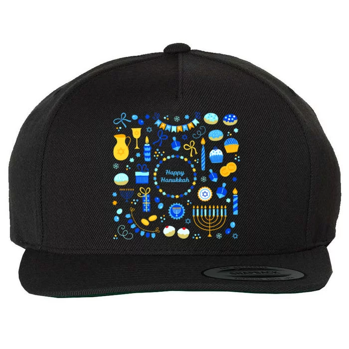 Happy Hanukkah Dreidel Star of David Menorah Mashup Wool Snapback Cap