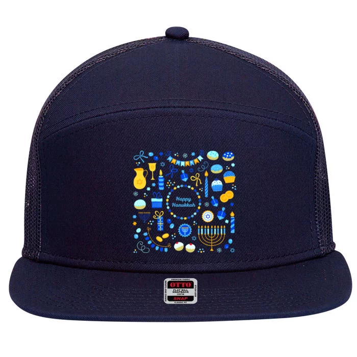 Happy Hanukkah Dreidel Star of David Menorah Mashup 7 Panel Mesh Trucker Snapback Hat