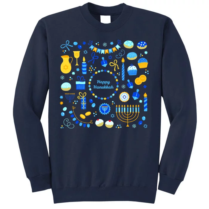 Happy Hanukkah Dreidel Star of David Menorah Mashup Tall Sweatshirt