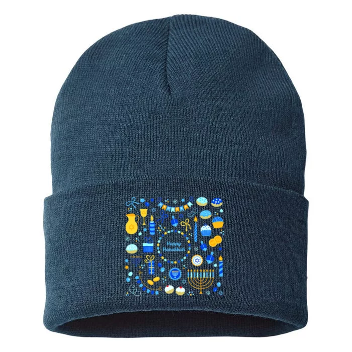 Happy Hanukkah Dreidel Star of David Menorah Mashup Sustainable Knit Beanie