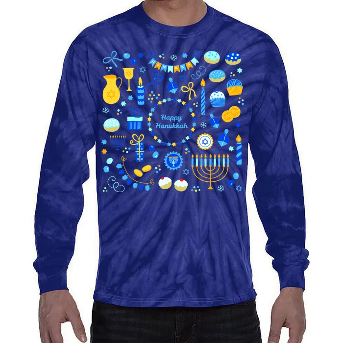 Happy Hanukkah Dreidel Star of David Menorah Mashup Tie-Dye Long Sleeve Shirt