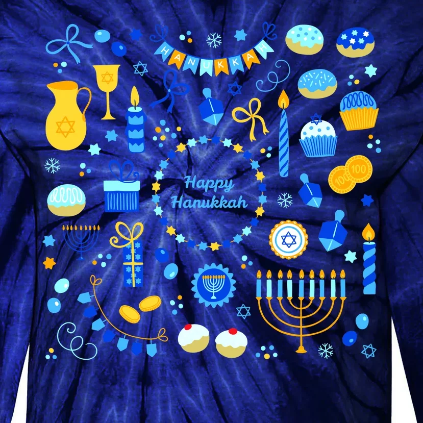 Happy Hanukkah Dreidel Star of David Menorah Mashup Tie-Dye Long Sleeve Shirt