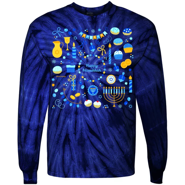 Happy Hanukkah Dreidel Star of David Menorah Mashup Tie-Dye Long Sleeve Shirt