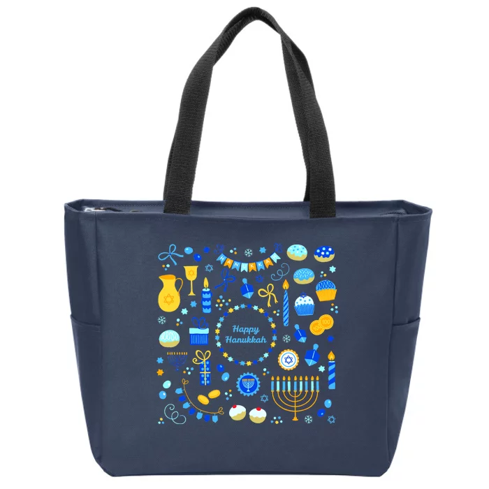 Happy Hanukkah Dreidel Star of David Menorah Mashup Zip Tote Bag