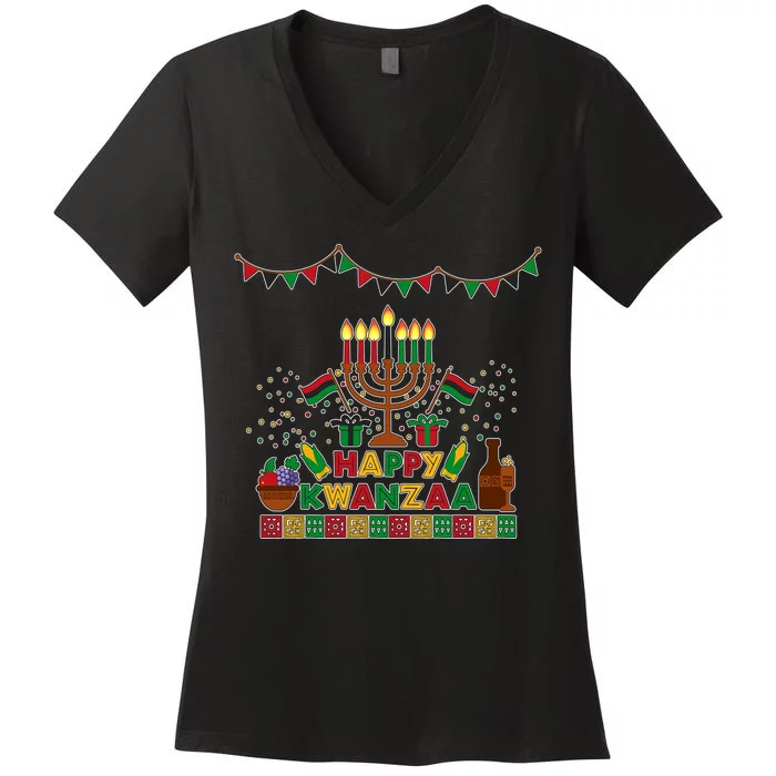 Happy Kwanzaa Traditional Colors Kinara Candles Women's V-Neck T-Shirt