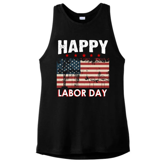 Happy Labor Day American Workers Flag Ladies Tri-Blend Wicking Tank