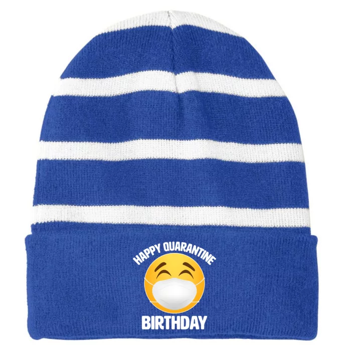 Happy Quarantine Birthday Smiley Emoji Striped Beanie with Solid Band