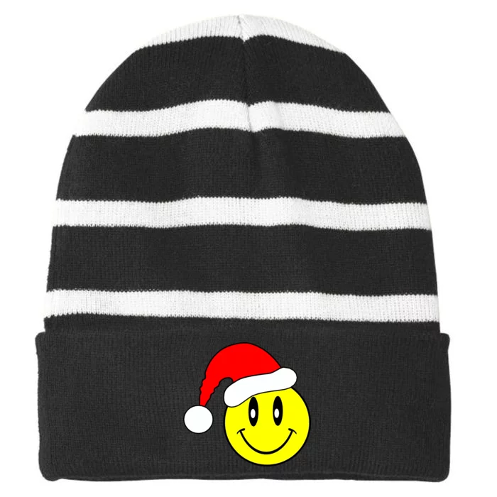 Happy Santa Smile Face Striped Beanie with Solid Band