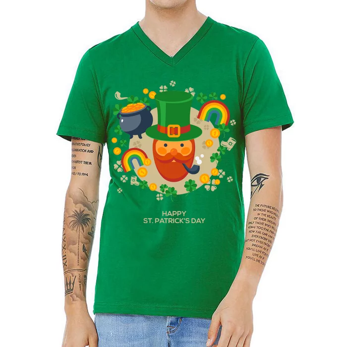 Happy St. Patrack's Day Leprechaun Smoking Pipe V-Neck T-Shirt