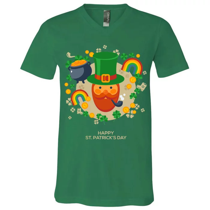 Happy St. Patrack's Day Leprechaun Smoking Pipe V-Neck T-Shirt