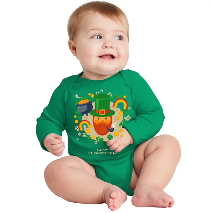 Happy St. Patrack's Day Leprechaun Smoking Pipe Baby Long Sleeve Bodysuit