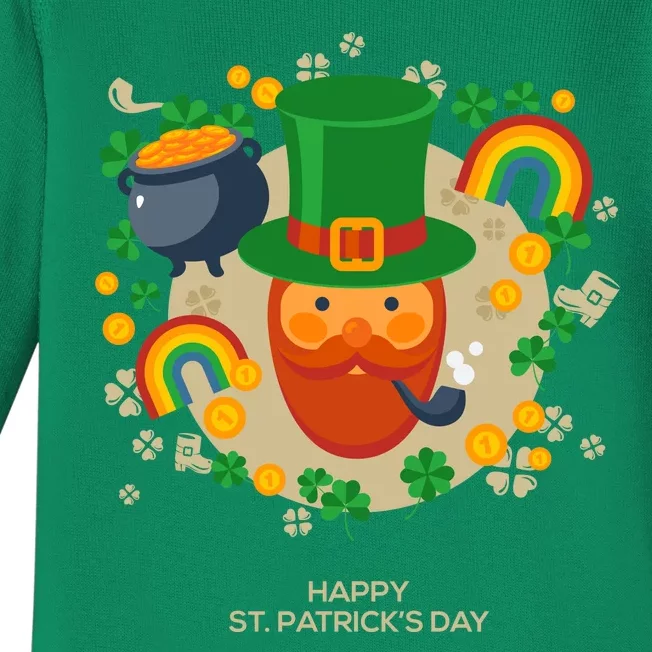 Happy St. Patrack's Day Leprechaun Smoking Pipe Baby Long Sleeve Bodysuit