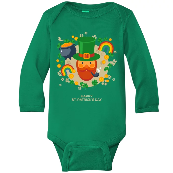 Happy St. Patrack's Day Leprechaun Smoking Pipe Baby Long Sleeve Bodysuit