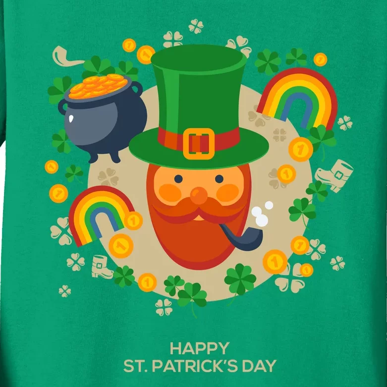 Happy St. Patrack's Day Leprechaun Smoking Pipe Kids Long Sleeve Shirt