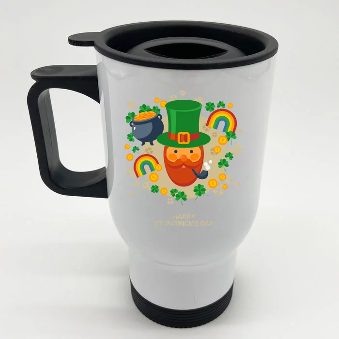 Happy St. Patrack's Day Leprechaun Smoking Pipe Front & Back Stainless Steel Travel Mug