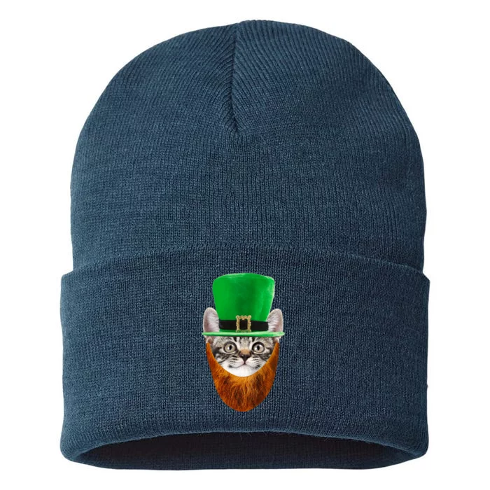 Happy St Catrick's Day Funny Cat Ginger Beard St Patrick's Day Sustainable Knit Beanie