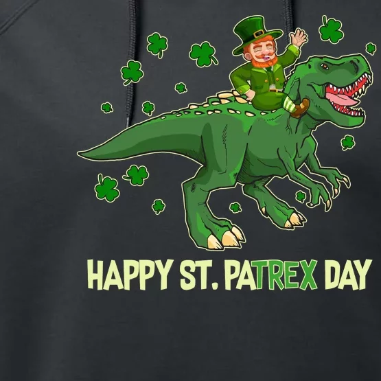 Happy St PaTREX Day Leprechaun Riding T-Rex Dinosaur Performance Fleece Hoodie